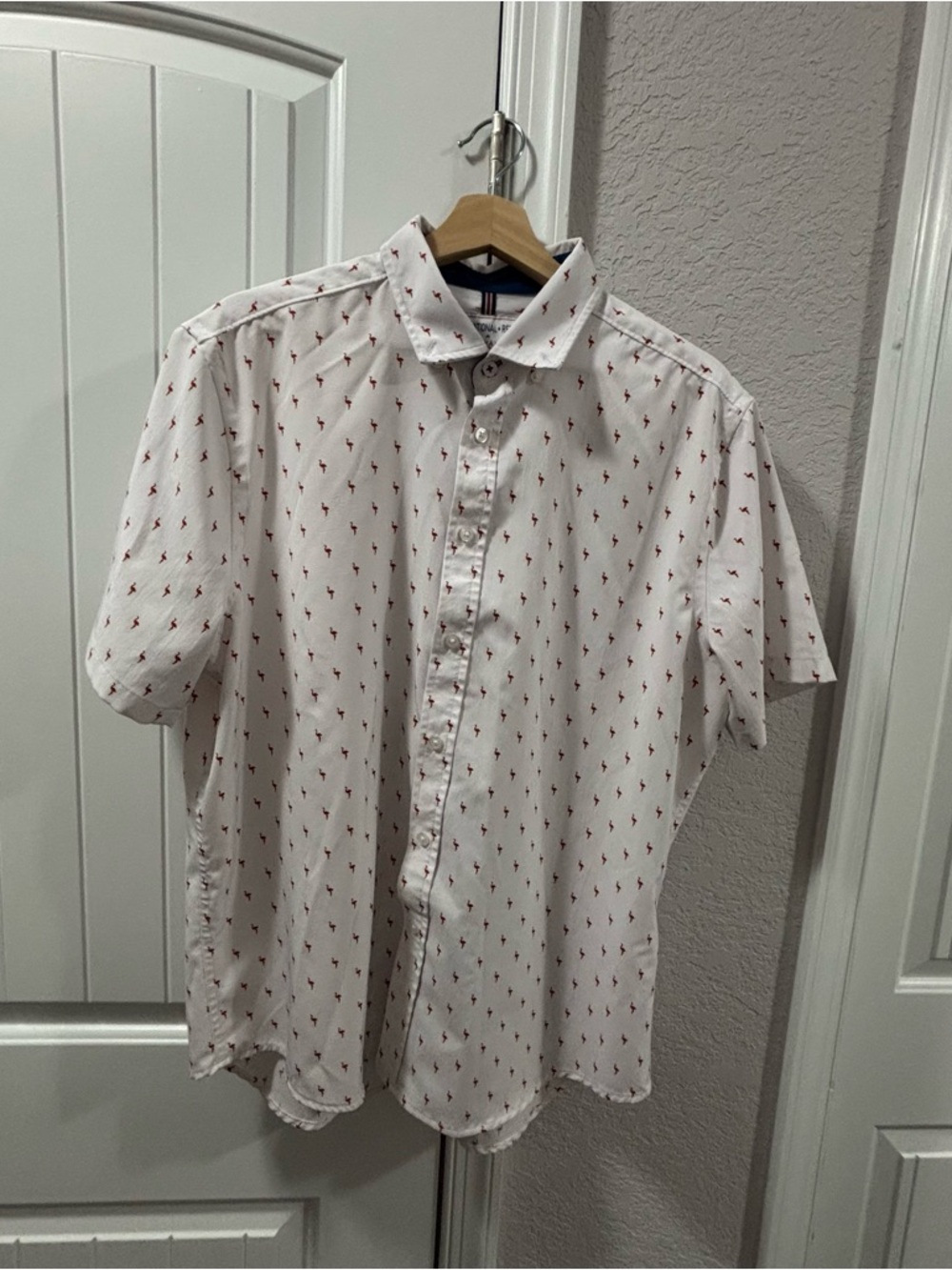 Men's White Short-Sleeve Button-Down Shirt with Red Micro Pattern